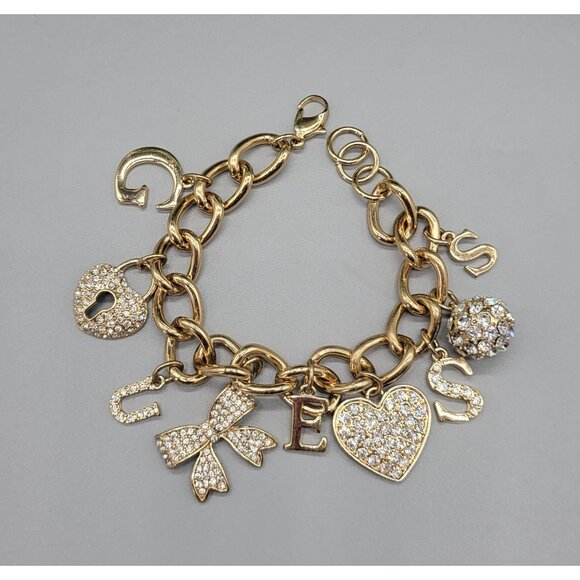 Guess Gold Tone Clear Rhinestone Heart Bow Dangle Charm Chain Link Bracelet B1A - Picture 1 of 11